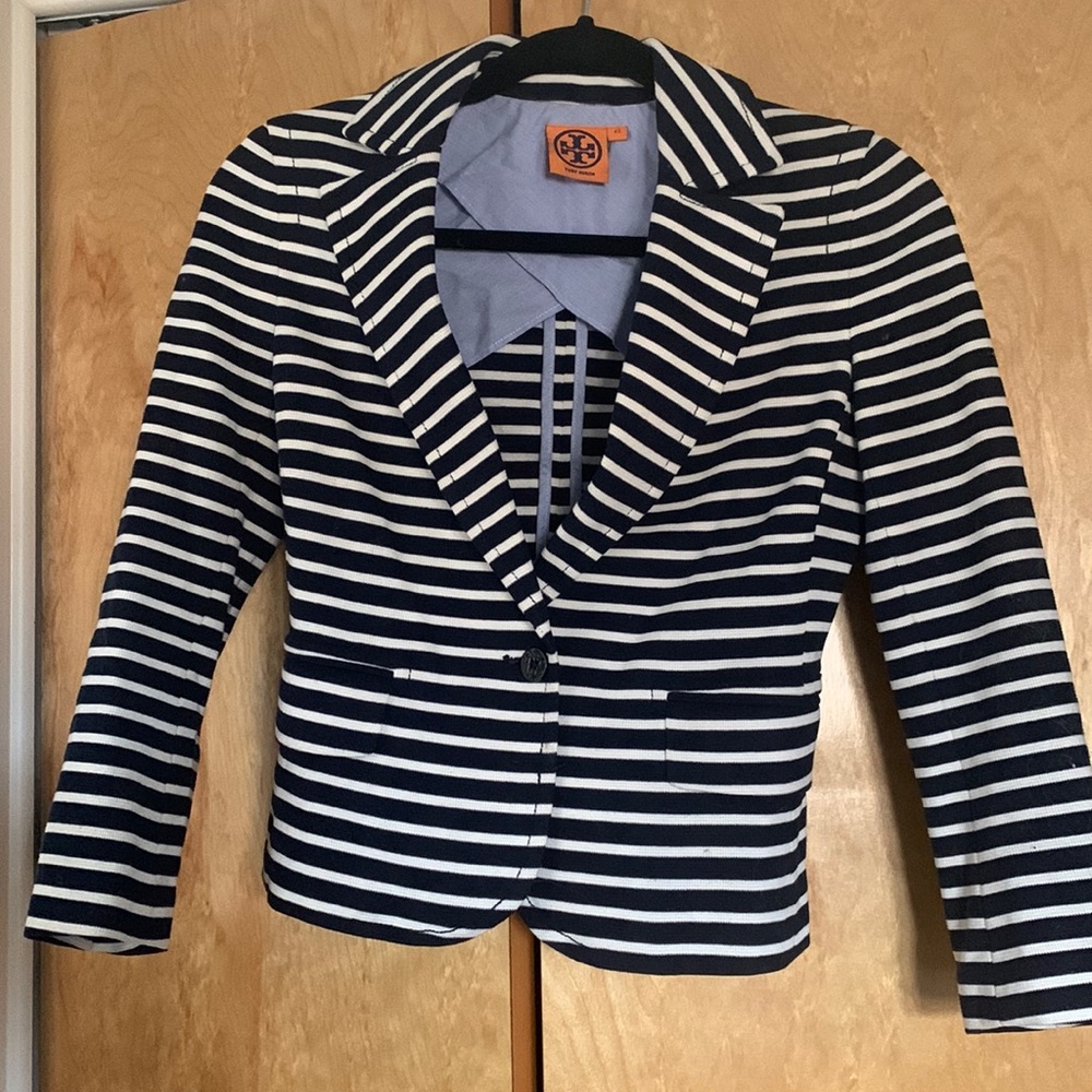 Tory Burch navy and white striped blazer.  Size XS